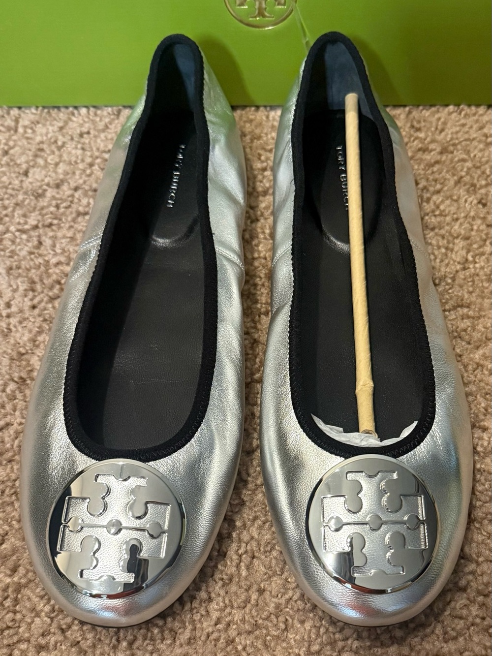 Tory Burch Metallic Silver Logo Ballet Flats